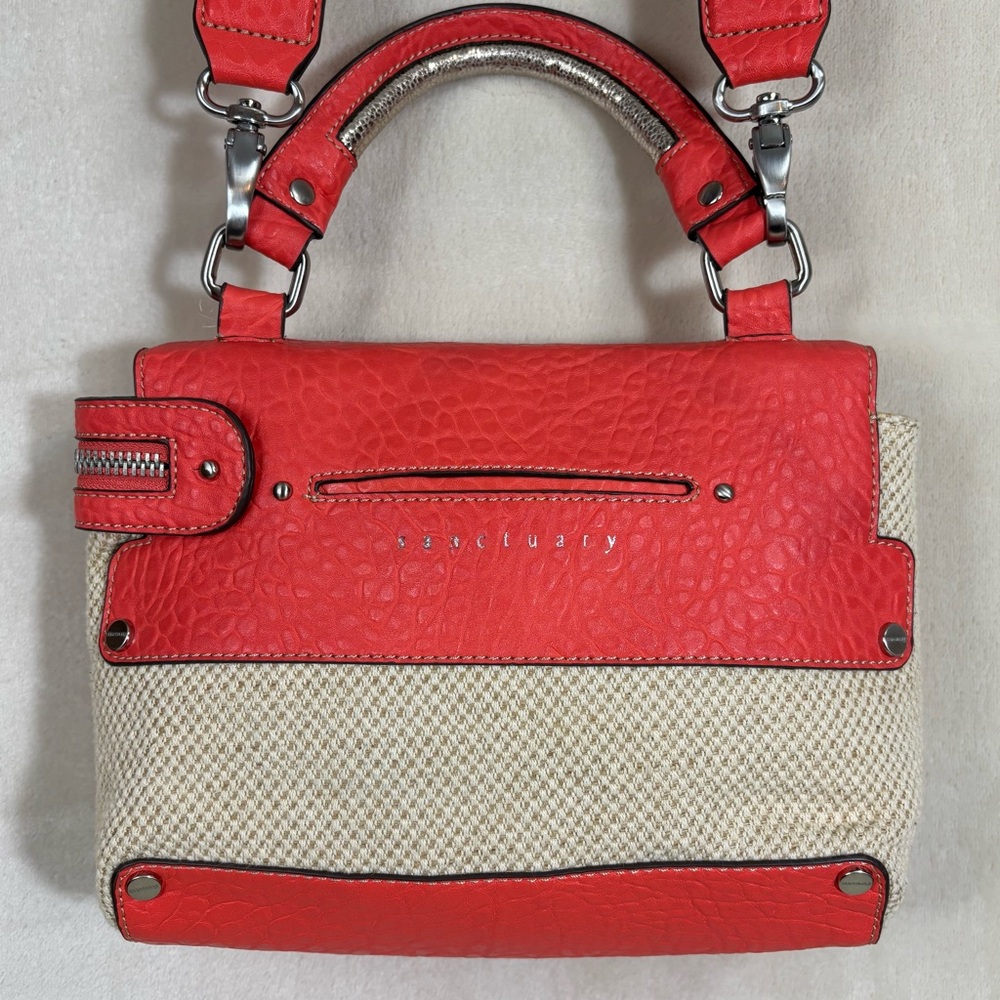 Sanctuary Coral Red and Cream Leather Satchel Crossbody With Silver Accents